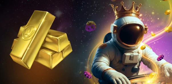Moonwin Astronaut mit goldenen Geschenken im All